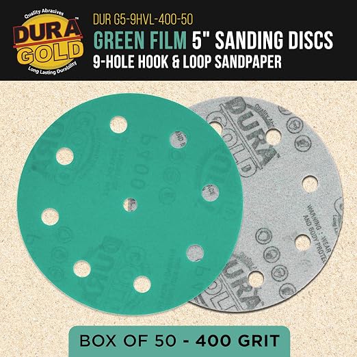 Dura-Gold Premium 400 Grit 5" Green Film Sanding Discs, 9-Hole Pattern - Image 2