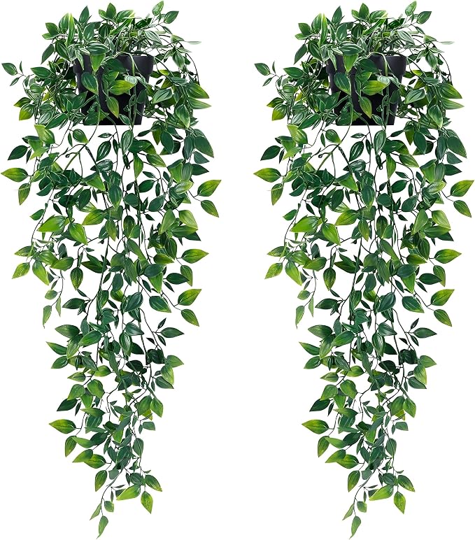 2Pcs Fake Hanging Plants with Pot Eucalyptus Leaves Fake Vines | UV Resistant by Waipfaru