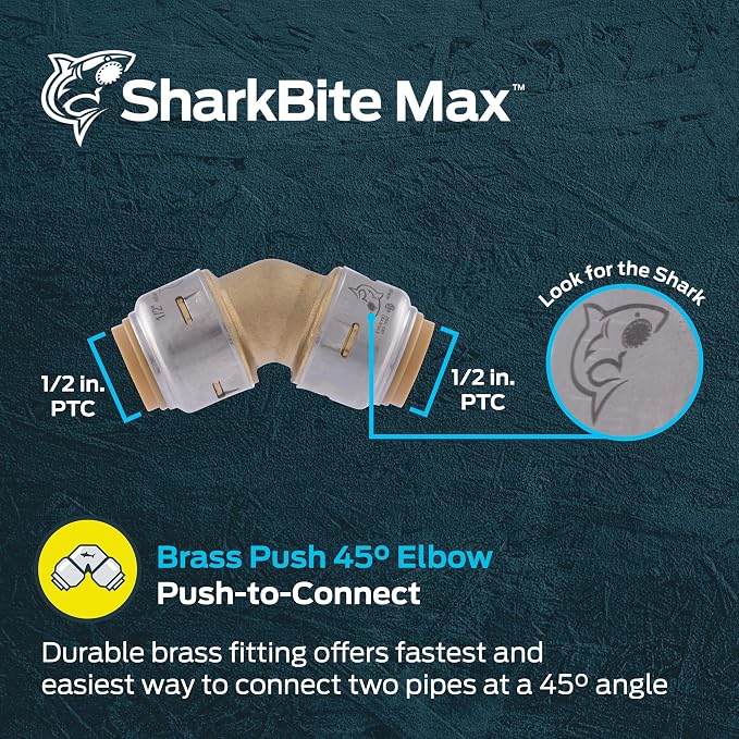 SharkBite Max 1/2 Inch 45 Degree Elbow, Push to Connect Brass Plumbing Fitting - Image 2