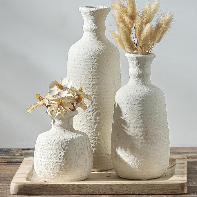 Ceramic Vase Set of 3, Neutral Rustic Vases Home Decor Farmhouse Decorative by ooit
