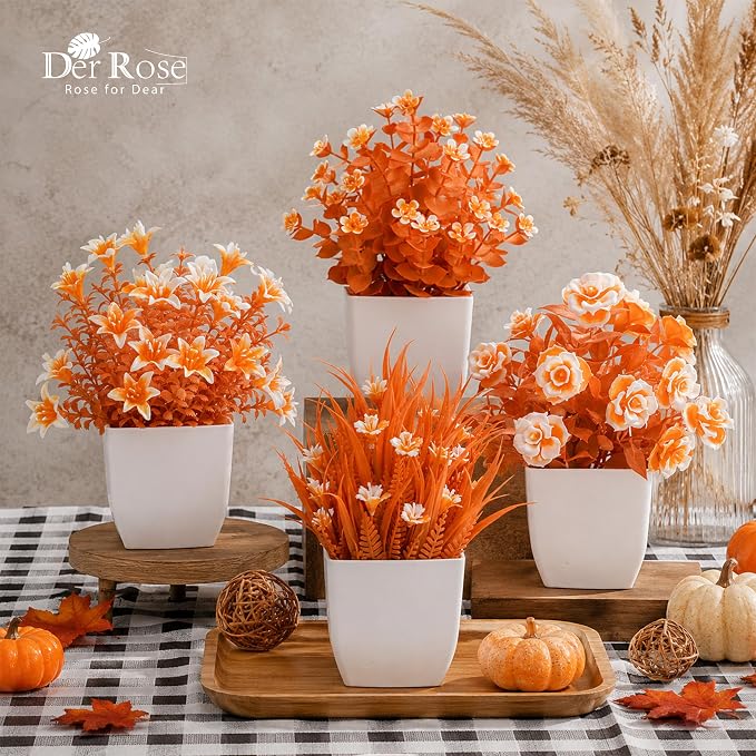 Der Rose 4 Pack Fall Fake Flowers Mums Artificial Plants in Pots Home Decor | - Image 3