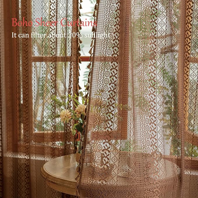 Sutuo Home Dark Coffee Boho Lace Curtains, Sheer Curtains 102 inches Long - Image 4