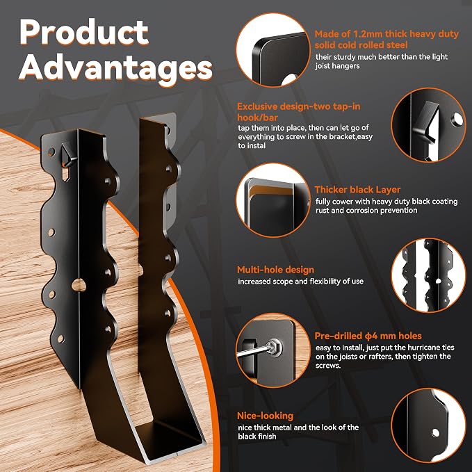 25 Pcs Black Joist Hangers 2x8, 18 Gauge Rafter Brackets, Hurricane Straps - Image 3