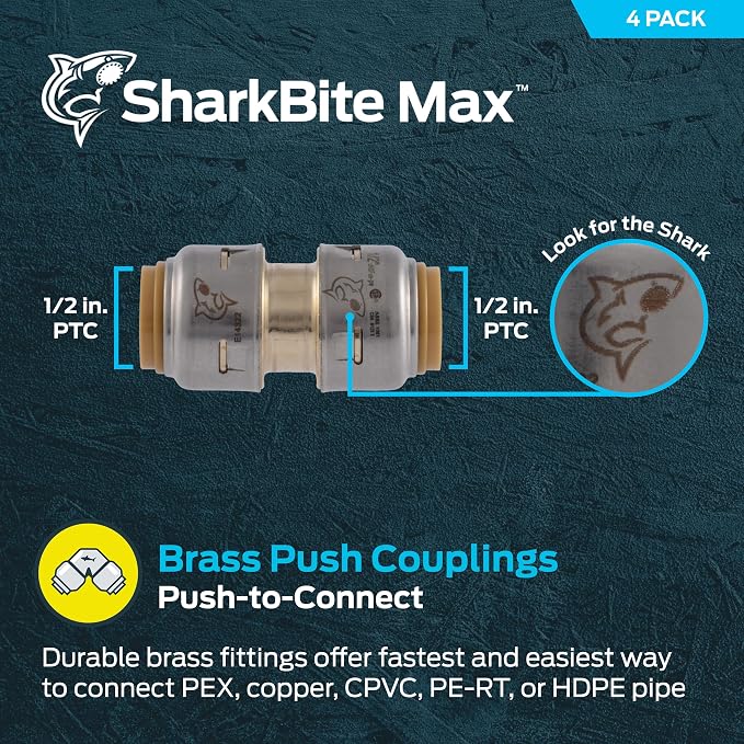 SharkBite Max 1/2 Inch Coupling, Push to Connect Brass Plumbing Fitting - Image 2