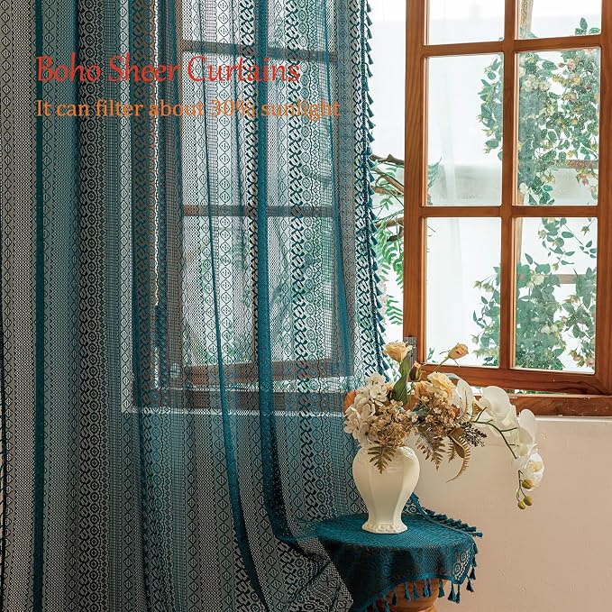 Sutuo Home Teal Boho Lace Curtains 72 inches long - Image 4