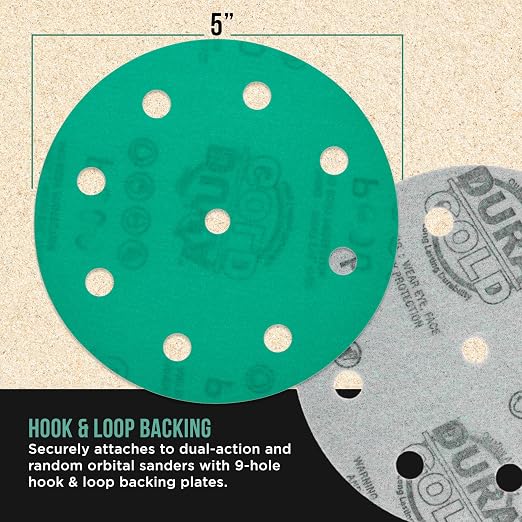 Dura-Gold Premium 800 Grit 5" Green Film Sanding Discs, 9-Hole Pattern - Image 3