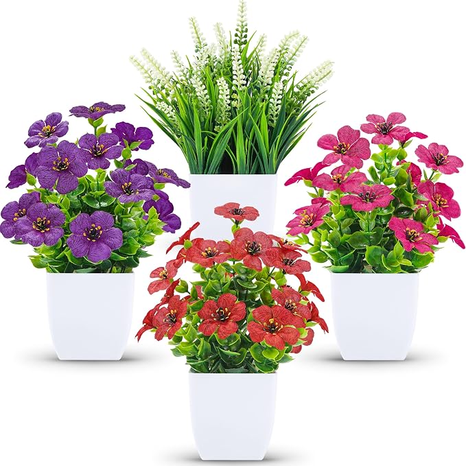Der Rose 4 Pack Small Artificial Flowers in White Pots, Spring Home Decor | by DerRose
