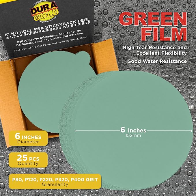 Dura-Gold Premium 80, 400 Grit 6" Green Film PSA Sanding Discs, 5 Each - Image 2