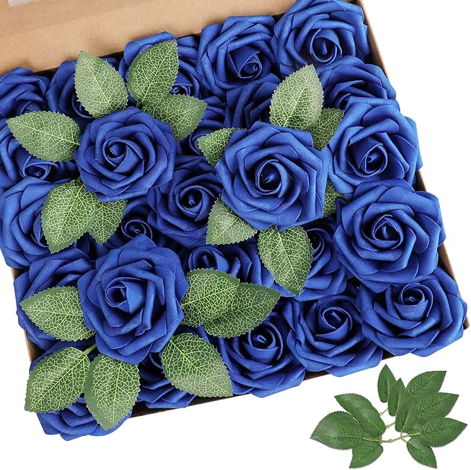 AmyHomie Royal Blue Rose 25pcs Real Looking Artificial Flowers w/Stem | Bouquet by AmyHomie
