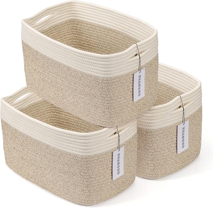 XUANGUO Woven Cotton Rope Storage Baskets 15x10x9.3" 3 Pack White and Brown | by XUANGUO