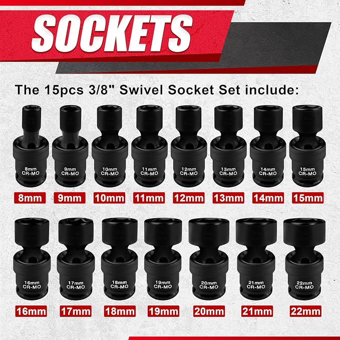 15PCS 3/8" Drive Shallow Universal Impact Socket Set, Swivel Socket Set - Image 2