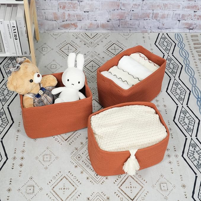 XUANGUO Woven Cotton Rope Storage Baskets 15x10x9.3" 3 Pack Rust | Decorative - Image 4
