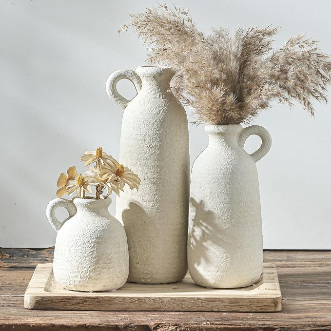 Ceramic Vase Set of 3 with Handle, Neutral Rustic Vases Home Decor Farmhouse by ooit