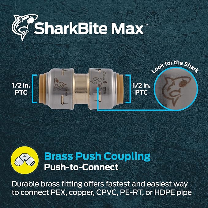 SharkBite Max 1/2 Inch Coupling, Push to Connect Brass Plumbing Fitting - Image 2