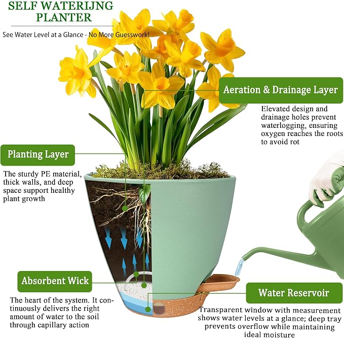 6 Inch Small Plant Pots for Indoor Outdoor Plants, Self Watering | Plastic - Image 7