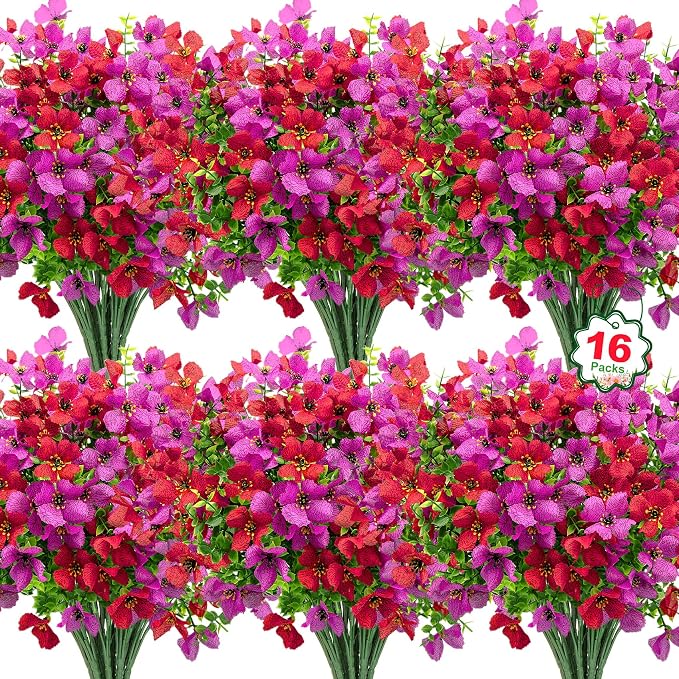 16 Pcs Artificial Flowers for Outdoors Decoration, silk flowers, faux plastic by OuddyDecor