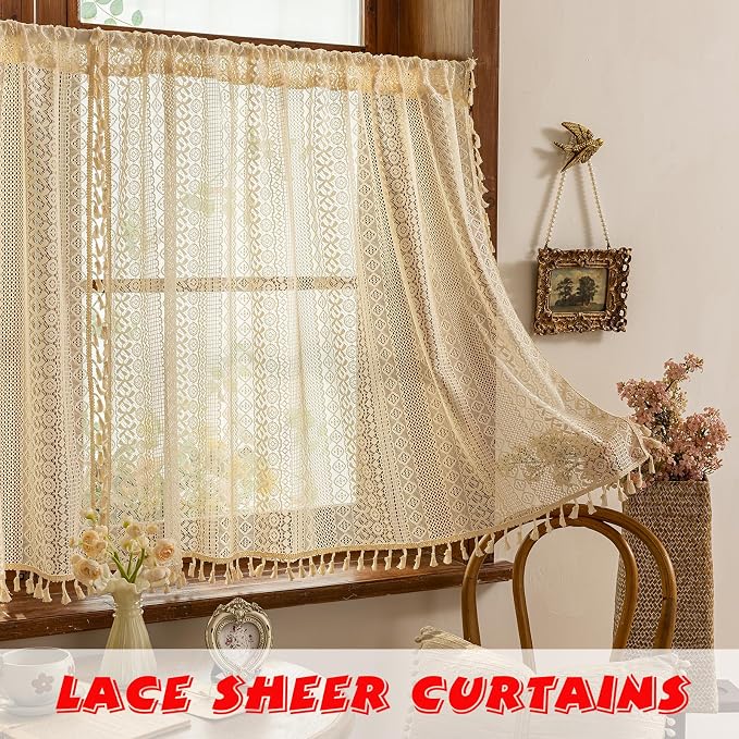 Sutuo Home Beige Lace Boho Curtains 45 Inches 2 Panels, Semi Sheer Small Window - Image 3