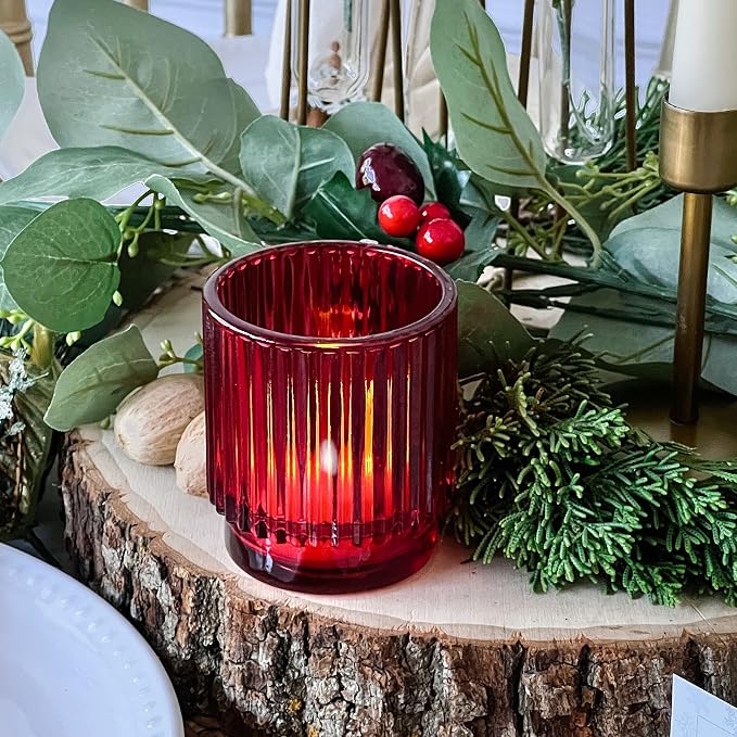 Kate Aspen Vintage Ribbed Red Glass Candle Holders Set of 6 - Image 7