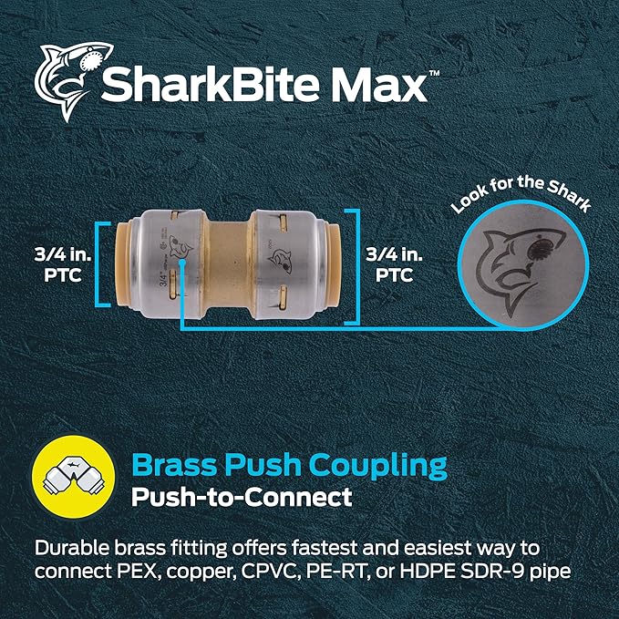 SharkBite Max 3/4 Inch Coupling, Push to Connect Brass Plumbing Fitting - Image 2
