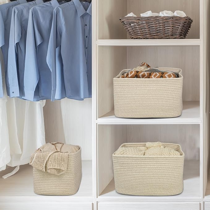 XUANGUO Woven Cotton Rope Storage Baskets 15x10x9.3" 3 Pack Oatmeal | - Image 4