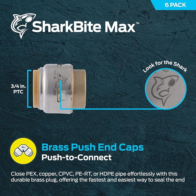 SharkBite Max 3/4 Inch Push Cap, Made in the USA, Push to Connect Brass - Image 2