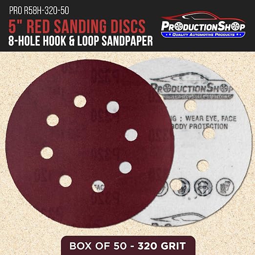 ProductionShop Premium 5" Red 8-Hole Pattern 320 Grit Sanding Discs, Box of 50 - Image 2