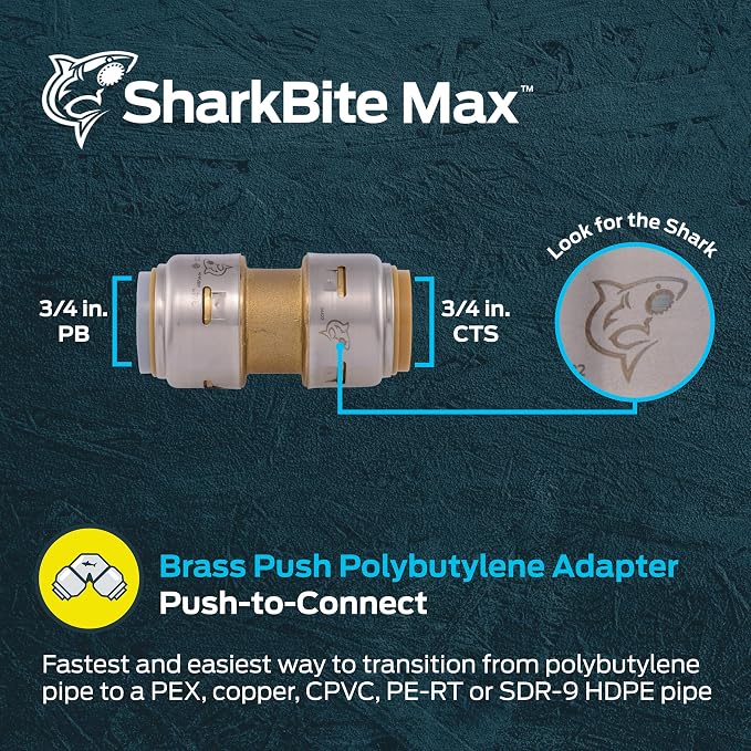 SharkBite Max 3/4 Inch Polybutylene Transition Coupling, Push to Connect Brass - Image 2