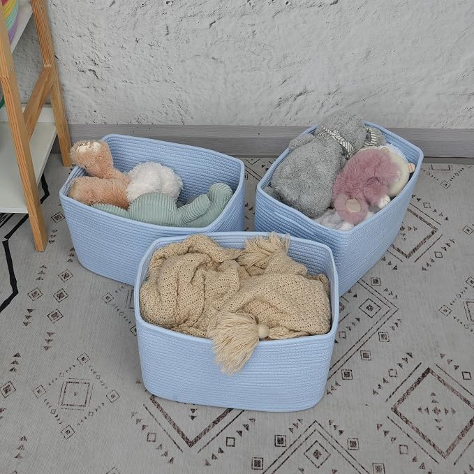 XUANGUO Woven Cotton Rope Storage Baskets 15x10x9.3" 3 Pack Light Blue | - Image 4