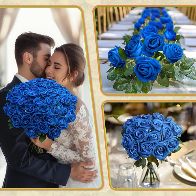 50 PCS Fake Blue Roses, Artificial Blue Flowers, Realistic Silk Faux Roses | - Image 3