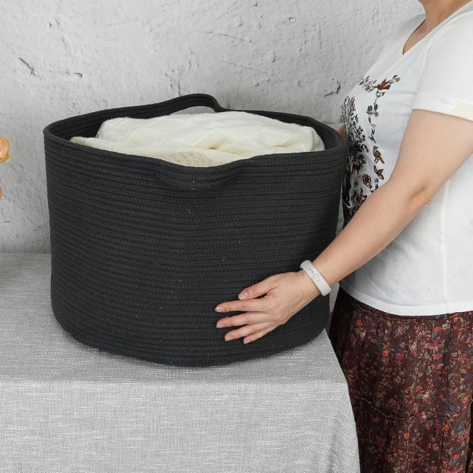 XUANGUO Extra Large Cotton Rope Round Storage Basket 22" x 14" Black | Woven - Image 3