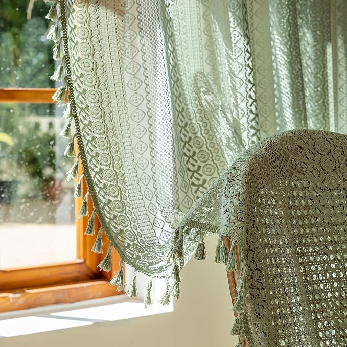 Sutuo Home Sage Green Boho Sheer Window Curtains 72 Inch Long 2 Panels | Lace - Image 7