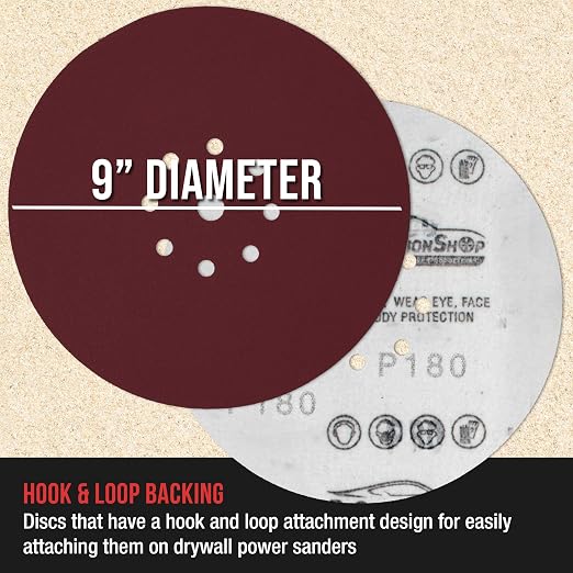 ProductionShop Premium 9" Red 9-Hole Pattern 180 Grit Sanding Discs, Box of 20 - Image 3