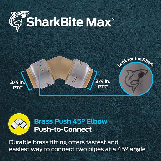 SharkBite Max 3/4 Inch 45 Degree Elbow, Push to Connect Brass Plumbing Fitting - Image 2