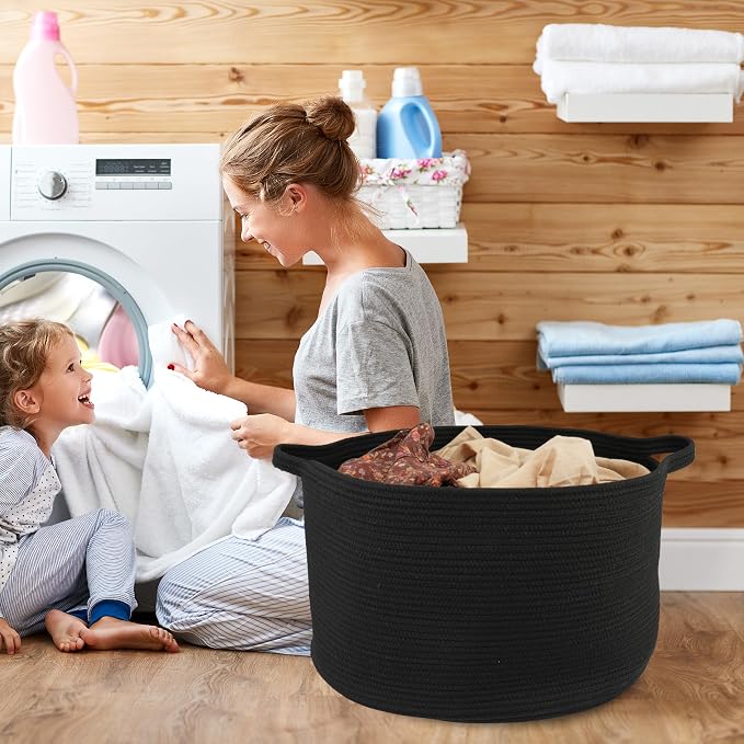 XUANGUO Extra Large Cotton Rope Round Storage Basket 22" x 14" Black | Woven - Image 4