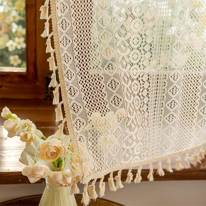 Sutuo Home Beige Boho Lace Short Kitchen Curtains 36 inches Long - Image 7