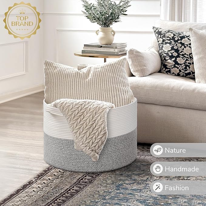 INDRESSME Large Woven Rope Blanket Basket Living Room Light Grey, 65L | 19.7" x - Image 7