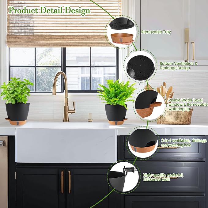 Self Watering Pots for Inoor Ourdoor Plants 10/9/8/7/6.5" Plastic Planters | - Image 6