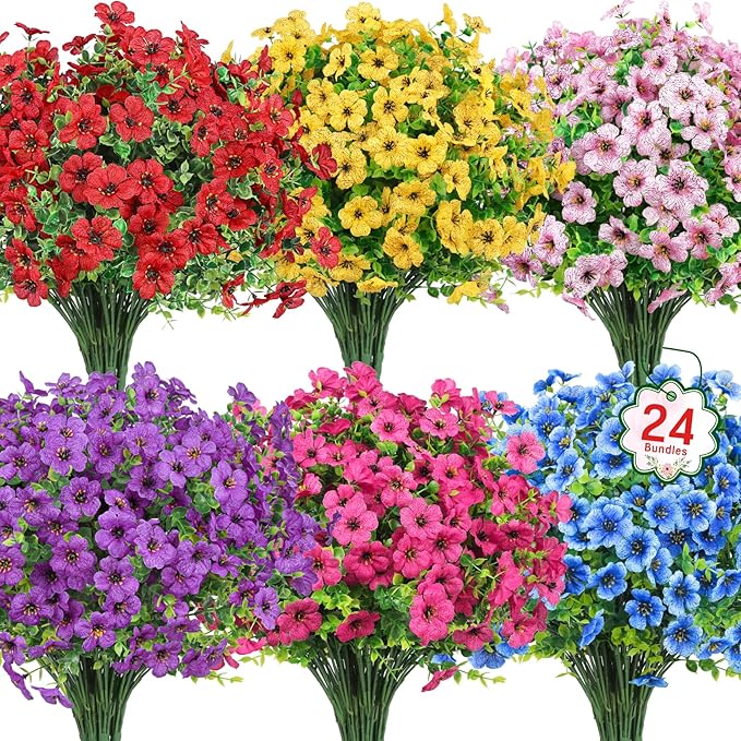 24 Pcs Artificial Flowers for Outdoors Decorations, UV resistant, faux plastic by OuddyDecor