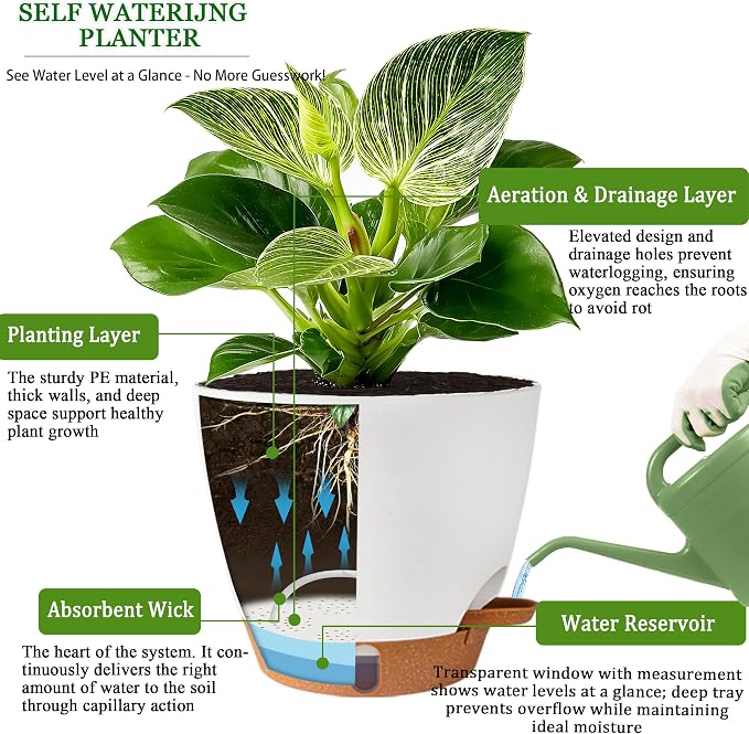 Self Watering Pots for Inoor Ourdoor Plants 8/7/6.5/6/5" Plastic Planters | - Image 5