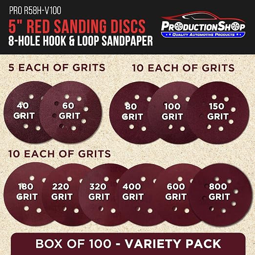 ProductionShop 5" Red 8-Hole Pattern Sanding Discs, 100 Disc Variety Pack - Image 2