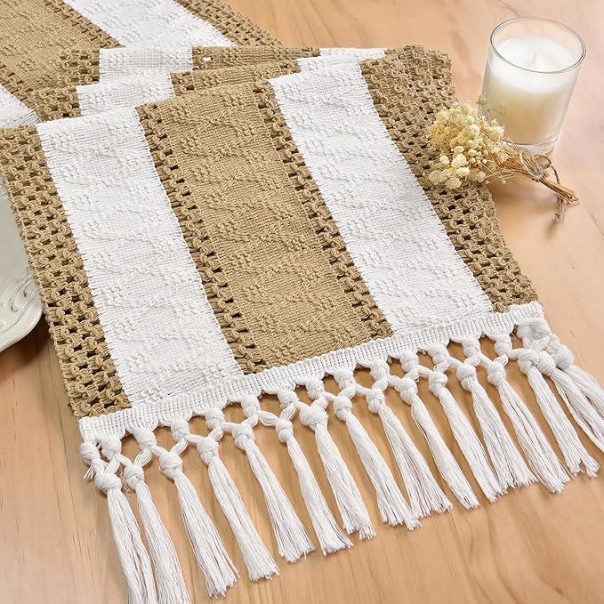 Boho Table Runner with Tassels Brown by FEXIA