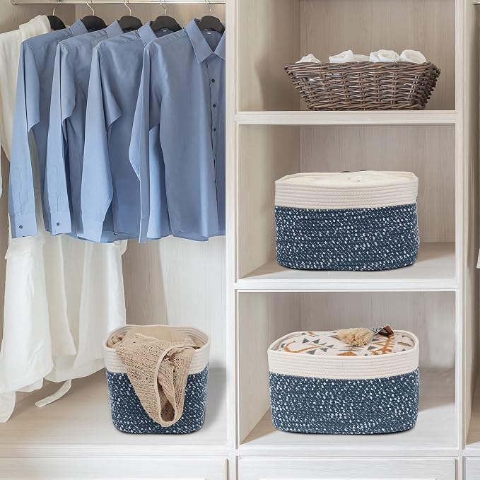XUANGUO Woven Cotton Rope Storage Baskets 15x10x9.3" 3 Pack White and Blue | - Image 4