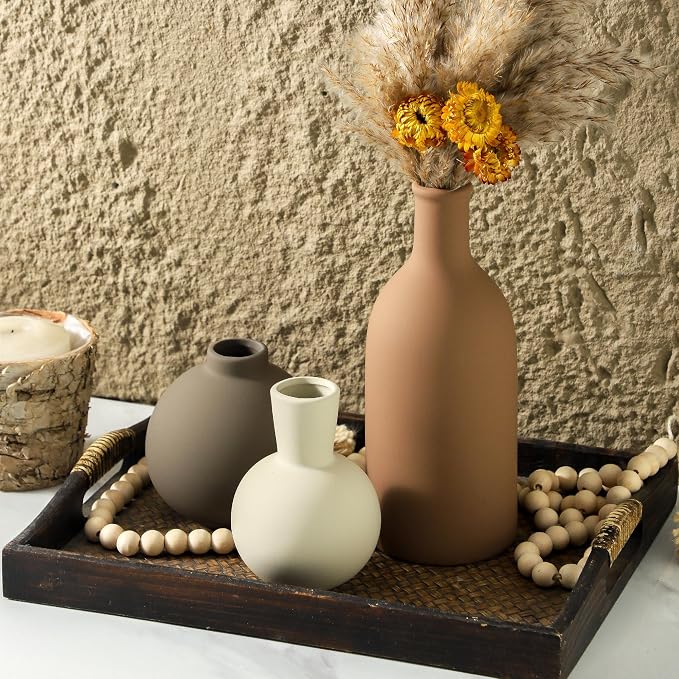 Vase Set of 3 | Ceramic Neutral Vases Home Decor | Rustic Flower Pottery Vases - Image 7
