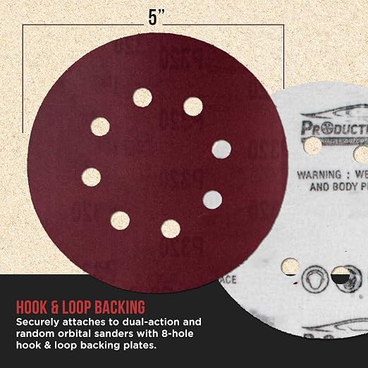 ProductionShop Premium 5" Red 8-Hole Pattern 320 Grit Sanding Discs, Box of 50 - Image 3