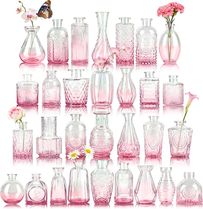 Der Rose 30pcs Glass Bud Vases, charming embossed patterns, thick sturdy glass by DerRose