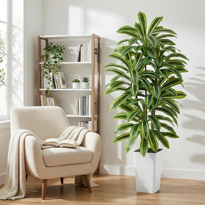Artificial Dracaena Tree: 5FT Fake Plants Silk Faux Trees（White Pot） | - Image 9
