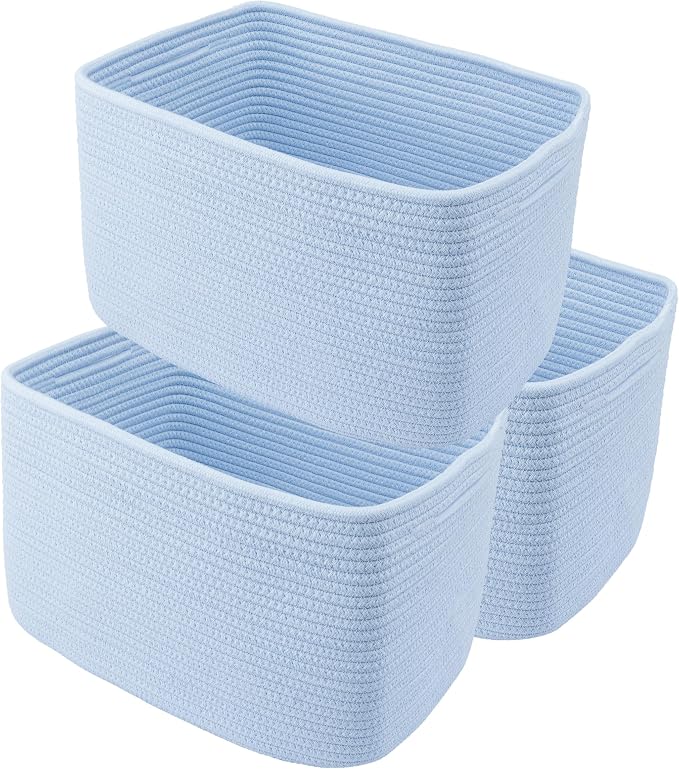 XUANGUO Woven Cotton Rope Storage Baskets 15x10x9.3" 3 Pack Light Blue | by XUANGUO