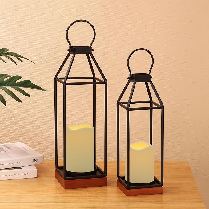 Perfnique Metal Lanterns w/ Pine Wood, Modern Farmhouse Candle Holder - Image 3