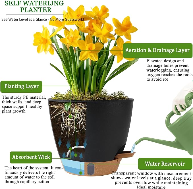Self Watering Pots for Inoor Ourdoor Plants 10/9/8/7/6.5" Plastic Planters | - Image 5