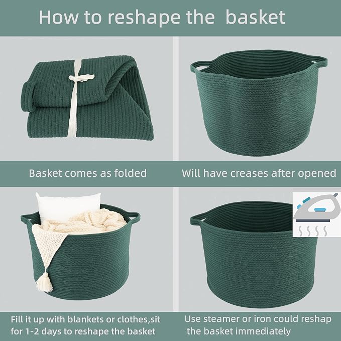 XUANGUO Extra Large Cotton Rope Round Storage Basket 22" x 14" Dark Green | - Image 7